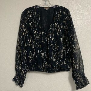 Lilla P Blouse Top Womens M Boho Printed Crossover Faux Wrap Pullover Semi Sheer